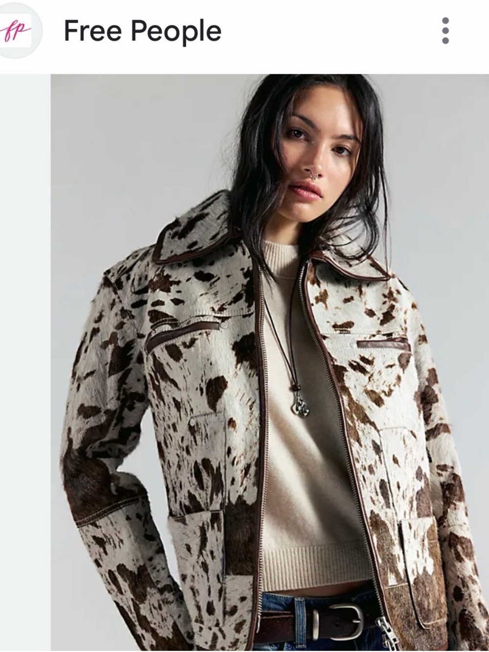 Free People Cream and Brown Cowhide Leather Jacket